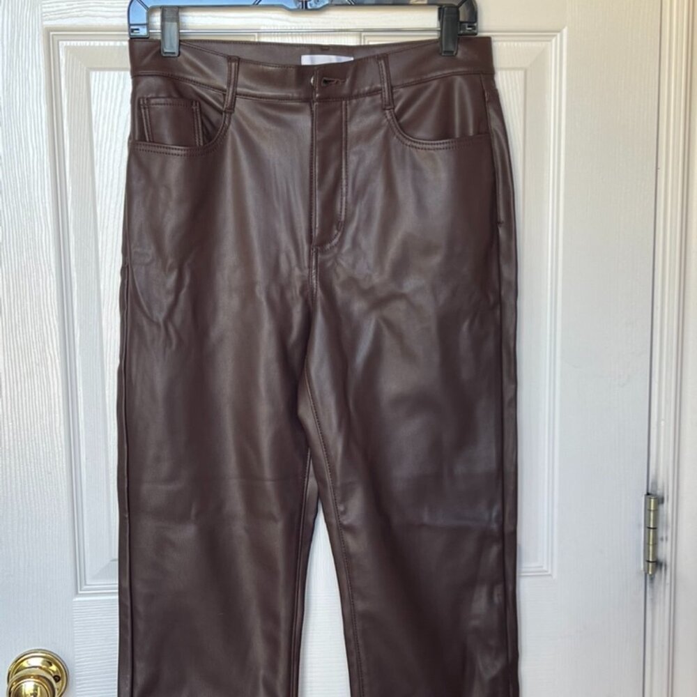 LOFT Petite Five Pocket Straight Pants in Faux Leather Size 8/29 Iced Espresso